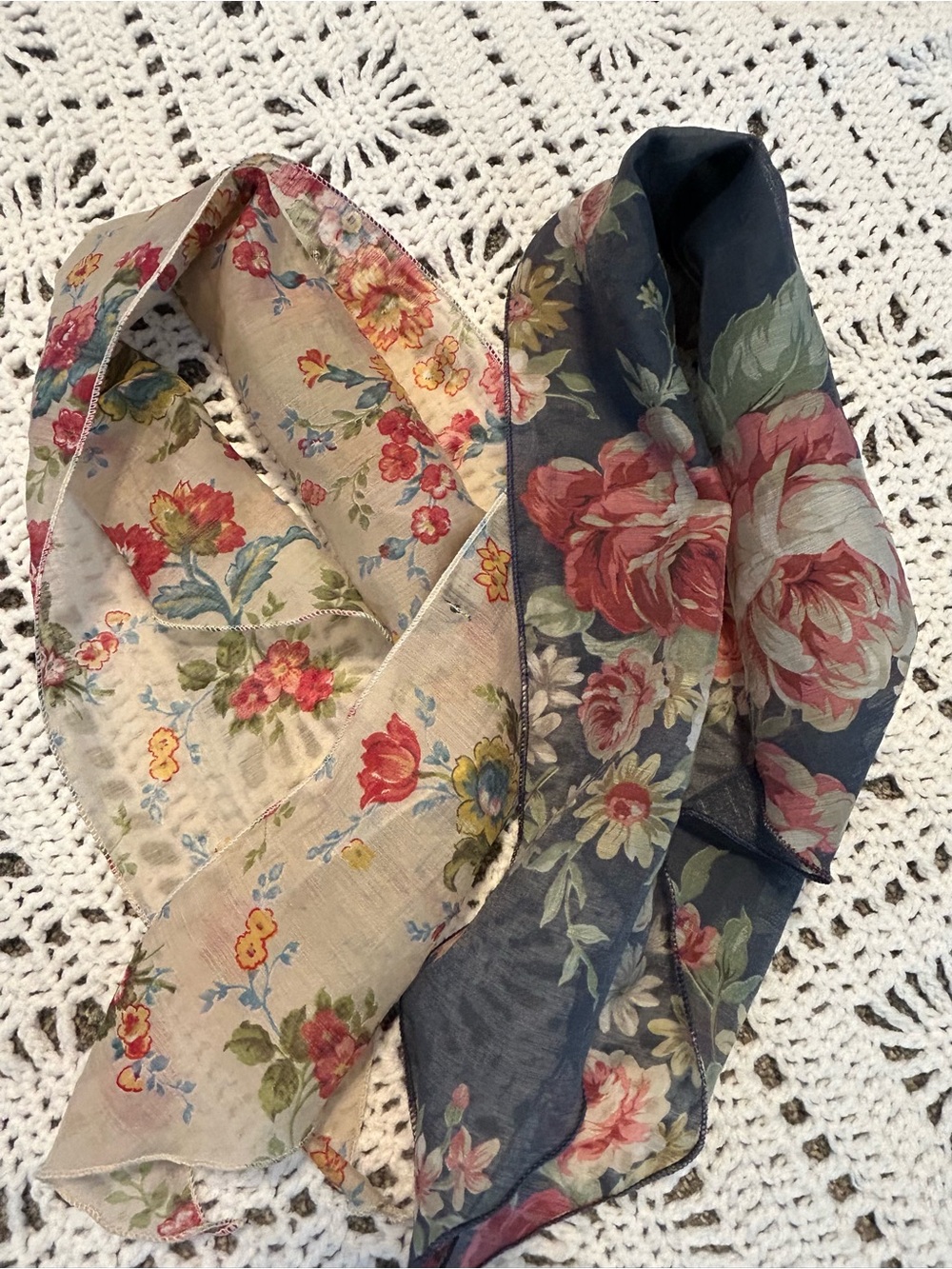 2 Petite Floral Scarves in Cream and Blue